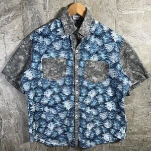 Blue and grey denim acid wash button up shirt Men's Medium #denimshirt